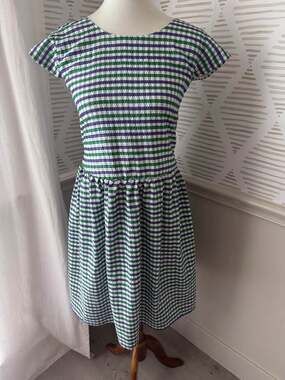 Vintage Mardi Gras Small Purple Green Plaid Gingham Fit & Flare Dressa